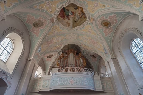 Organ loft of the baroqueized catholic parish church Mariae Himmelfahrt