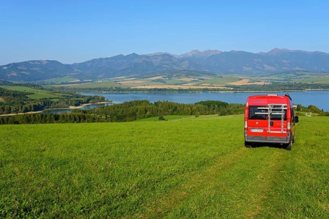 Mobile home on a slope with a view of the Liptov Reservoir or Liptovska Mara near Bobrovnik