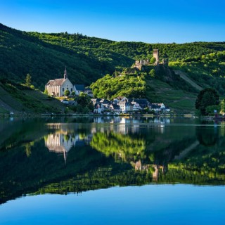 Winegrowing village Beilstein with Carmelite church and castle ruin Metternich surrounded by vineyards