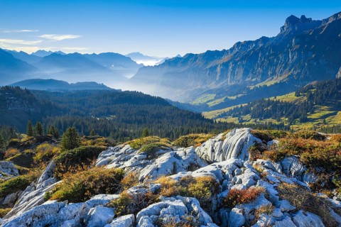 View from Pragelpass with view over Muota valley with Pilatus and Fronalpstock
