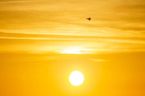 Eurofighter Typhoon aircraft in flight of the Royal air force at sunset