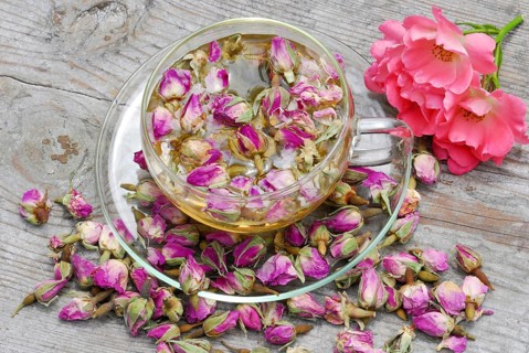Rose tea in cup and rose buds