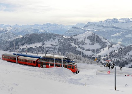 View from Rigi-Kulm on rack railways and Swiss Alps