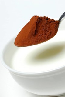Spoon of cocoa powder is put into cup with milk