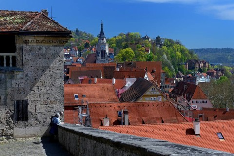 View from Hohentuebingen Castle to the old town with the Collegiate Church