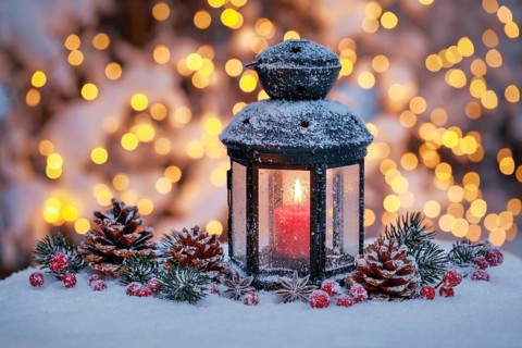 Lantern with outdoor Christmas decoration