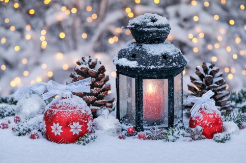 Lantern with outdoor Christmas decoration