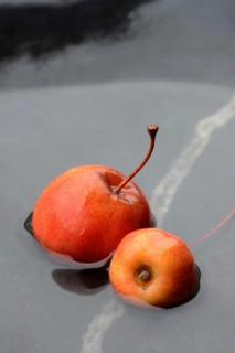 Two decorative apples in water