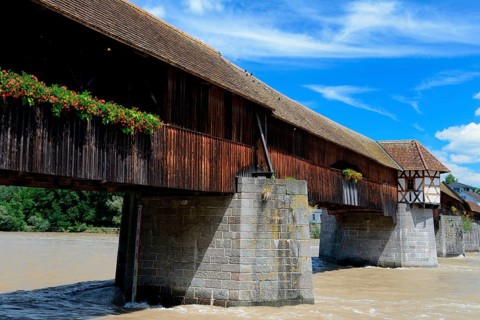 Covered wooden bridge over the Rhine