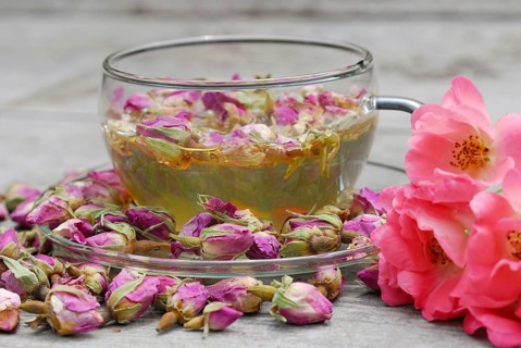Rose tea in cup and rose buds