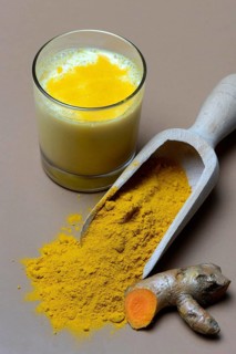 Turmeric-powder in shovel and -milk in glass