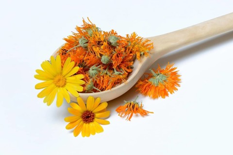 Dried marigold blossoms in wooden ladle
