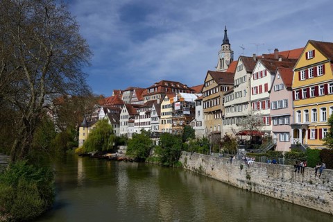 Old town of Tuebingen with collegiate church and Hoelderlin tower