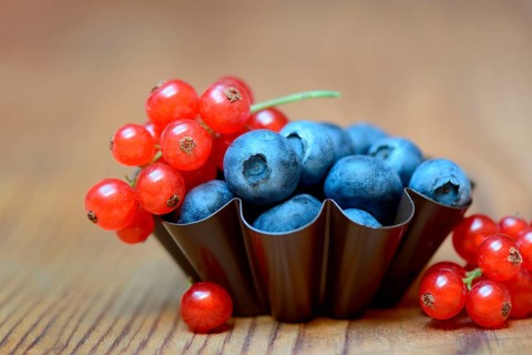 Currants and blueberries in baking tin