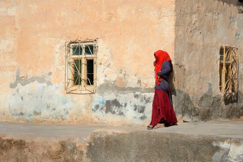 Woman on house wall
