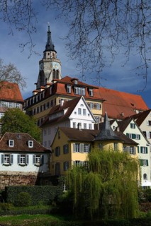 Old town of Tuebingen with collegiate church and Hoelderlin tower