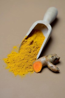 Turmeric-powder in shovel and root