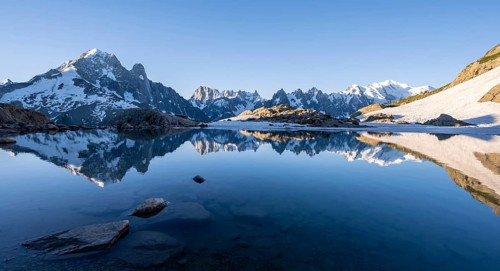 Mountain panorama with water reflection in Lac Blanc