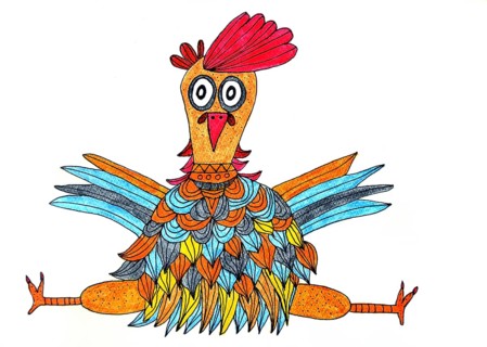 Colorful chicken doing splits
