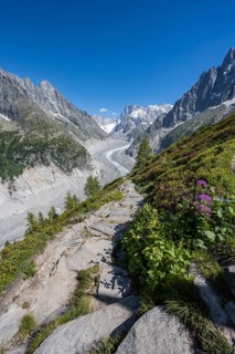 Hiking trail Grand Balcon Nord with view on glacier tongue Mer de Glace