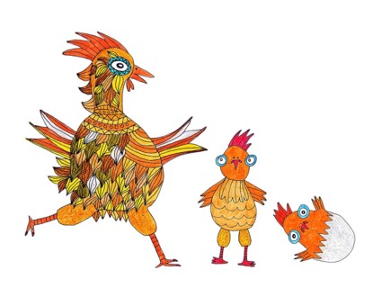 Colorful chicken with chicks