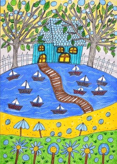 Blue house in the green at the lake