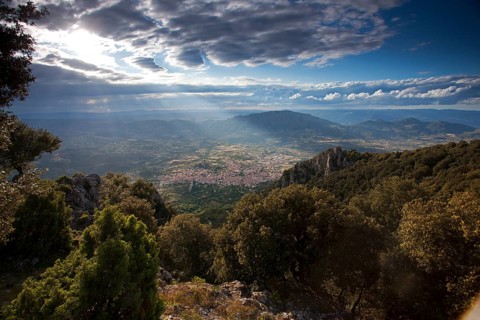 View of Oliena with mountain Supramonte