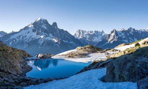 Mountain panorama with water reflection in Lac Blanc