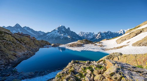 Mountain panorama with water reflection in Lac Blanc