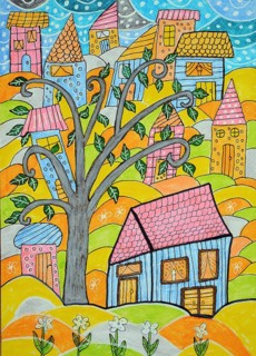 Colorful houses with tree