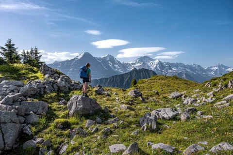 Hiker standing on rocks and looking at mountains