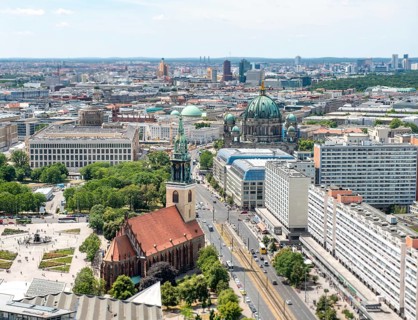 View of St. Marienkirche and Berlin Cathedral with federal highway