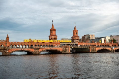 Yellow S-Bahn on the Oberbaum Bridge between Kreuzberg and Friedrichshain