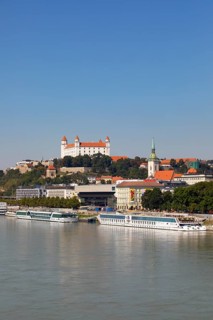 Landing stage for Danube cruise ships with a view to Bratislava Castle