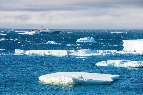 Cruise ship behind icebergs