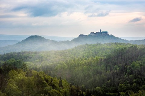 View from Rennsteig over the Thuringian Forest to Wartburg Castle