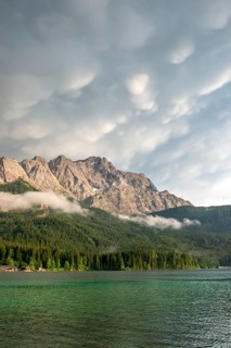 Eibsee lake in front of Zugspitze massif with Zugspitze