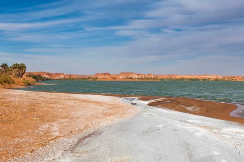 Salt crust at the shores of Ounianga kebir part of the the Unesco sight Ounianga lakes