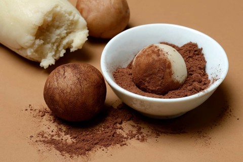 Marzipan potato in shell with cocoa