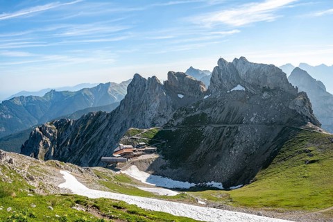 View of Karwendel mountain restaurant and Karwendelbahn with northern