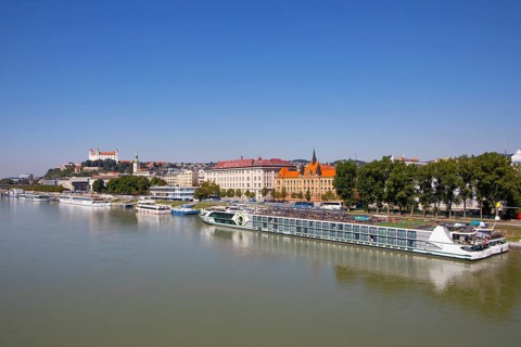 Landing stage for Danube cruise ships with a view to Bratislava Castle