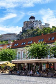 Cafes on Peace Square with Trencin Castle
