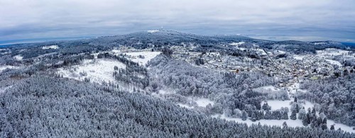 Aerial view over the snow-covered Taunus with Oberreifenberg