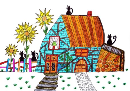 House with cats and flowers