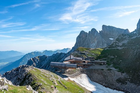 View of Karwendel mountain restaurant and Karwendelbahn with northern