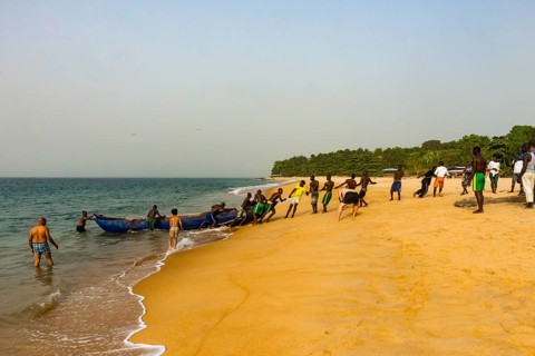 Local fishermen pulling their nets on a beach in Robertsport