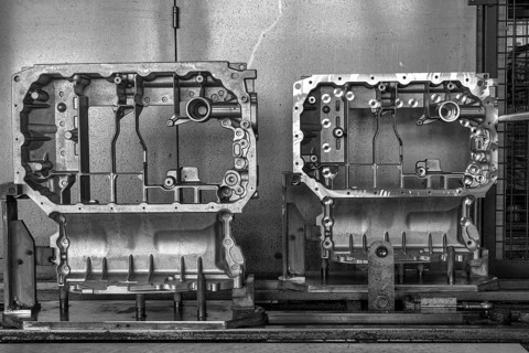 Engine parts on the assembly line of the car parts factory