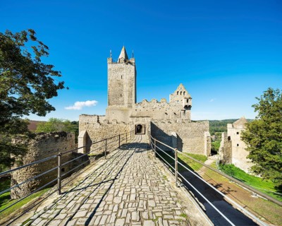 Rudelsburg castle ruins in the Saale valley near Bad Koesen
