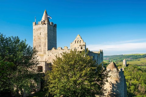 Rudelsburg and Saaleck castle ruins in the Saale valley near Bad Koesen
