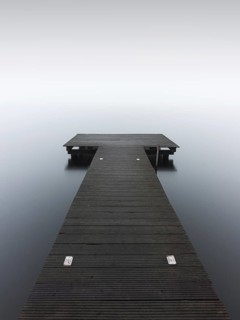 A jetty in dense fog in the Kleiner Schwielochsee